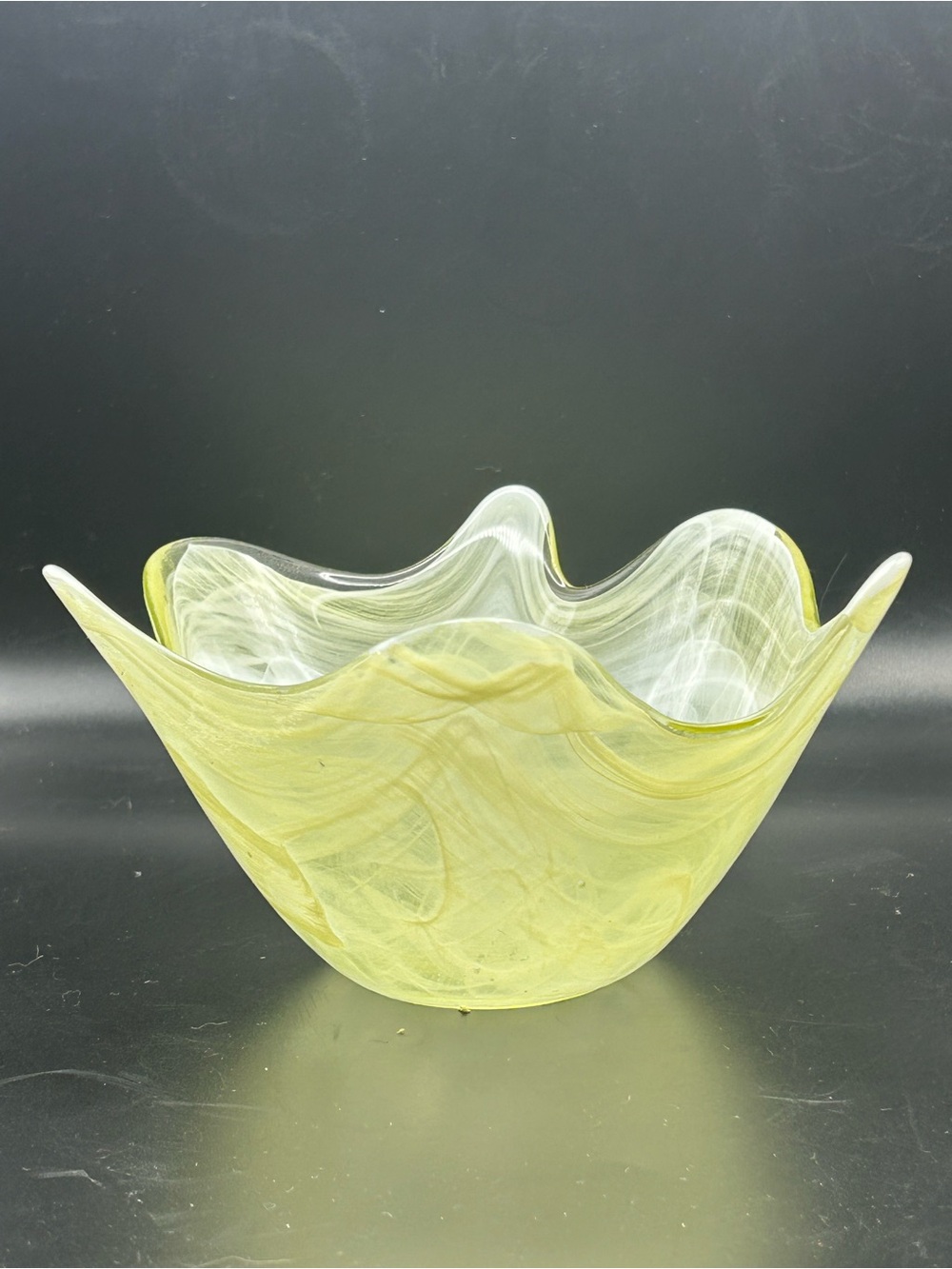 Hankerchief Vintage Glass Vase in Yellow and White Swirl, 3.5” hand blown